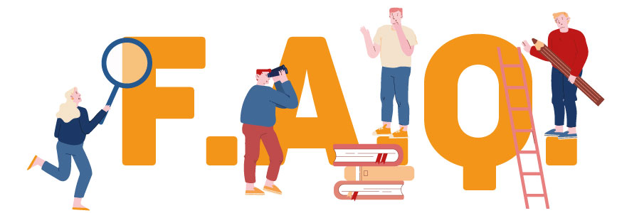 大きなFAQの文字と、調べる・書く・読むなどの動作をする人物が描かれた、よくあるご質問ページの案内イラスト。
