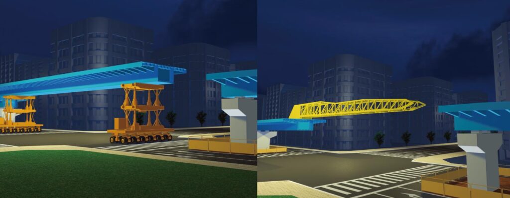 夜間における急速施工工法の橋梁建設を示した3DCGイラスト。特殊な施工機械を用いて短時間で立体交差を架設する工法を想定し、段階的な作業プロセスを視覚化しています。実施工の事例はまだ存在しない新しい工法を、プレゼンテーションや技術提案資料用にわかりやすく解説したイメージ図です。