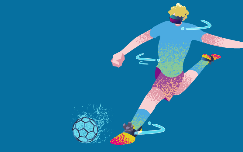 プロサッカー選手がVRゴーグルを付けて仮想空間でサッカートレーニングをしている要らうと